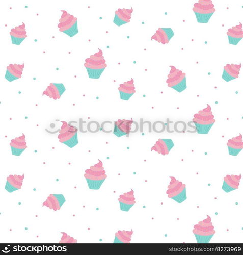 Seamless pattern with delicious cupcakes in pastel colors. Vector. For packaging, background, decoration. 