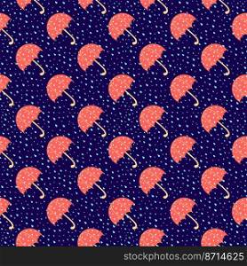 Seamless pattern with diagonal rows of bright red umbrellas and rain drops on blue surface. Rain and umbrella pattern vector design. vector 