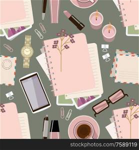 Seamless pattern with diary on the table. Women&rsquo;s glamorous things. Stylish workplace. Vector flat illustration