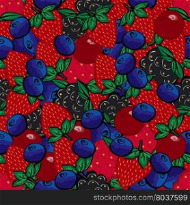 Seamless pattern with different berries. Painted bright blueberries raspberries strawberries cherries Blackberries.. Seamless pattern with different berries.