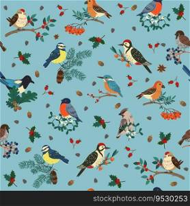 Seamless pattern with different birds on branches. Forest characters cartoon flat style drawing, decor textile, wrapping paper, wallpaper design. Sparrow and bullfinch print for fabric. Vector concept. Seamless pattern with different birds on branches. Forest characters cartoon flat style drawing, decor textile, wrapping paper, wallpaper. Sparrow and bullfinch print for fabric. Vector concept