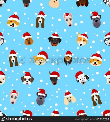 Seamless Pattern with Different Breeds of Dogs in Hats of Santa Claus, Symbols New Year 2018. Seamless Pattern with Different Breeds of Dogs in Hats of Santa Claus, Symbols New Year 2018 - Illustration Vector