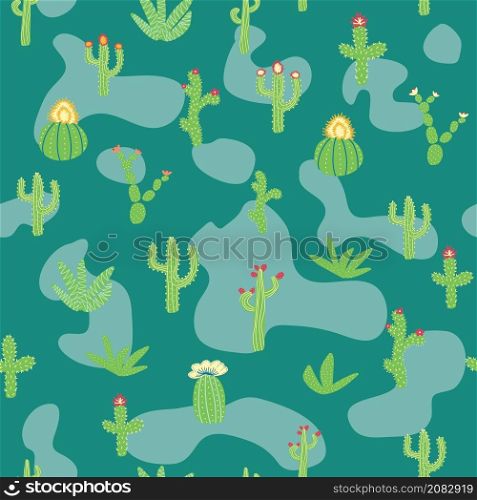 seamless pattern with different cactus. Bright repeated texture with green cacti. Natural hand drawing background with desert plants.. seamless pattern with different cactus. Bright repeated texture with green cacti. Natural background with desert plants