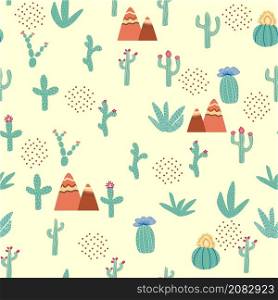 seamless pattern with different cactus. Bright repeated texture with green cacti. Natural hand drawing background with desert plants.. seamless pattern with different cactus. Bright repeated texture with green cacti. Natural background with desert plants