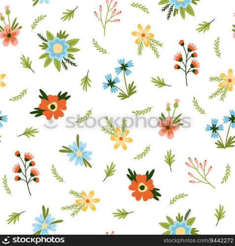 Seamless pattern with different cute flowers. Pastel colors. Isolated on white background meadow plants. Girly childish decor textile, wrapping paper, wallpaper design. Vector contemporary concept. Seamless pattern with different cute flowers. Pastel colors. Isolated on white background meadow plants. Girly childish decor textile, wrapping paper, wallpaper design. Vector concept