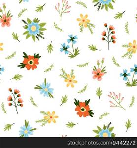 Seamless pattern with different cute flowers. Pastel colors. Isolated on white background meadow plants. Girly childish decor textile, wrapping paper, wallpaper design. Vector contemporary concept. Seamless pattern with different cute flowers. Pastel colors. Isolated on white background meadow plants. Girly childish decor textile, wrapping paper, wallpaper design. Vector concept