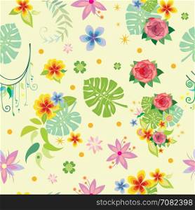 Seamless pattern with different decorative plants on yellow background