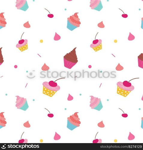 Seamless pattern with different delicious cupcakes. Vector. For packaging, background, decoration. 