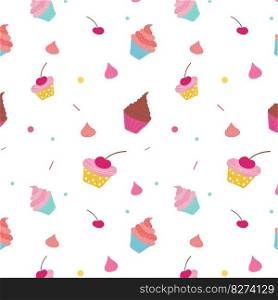 Seamless pattern with different delicious cupcakes. Vector. For packaging, background, decoration.	