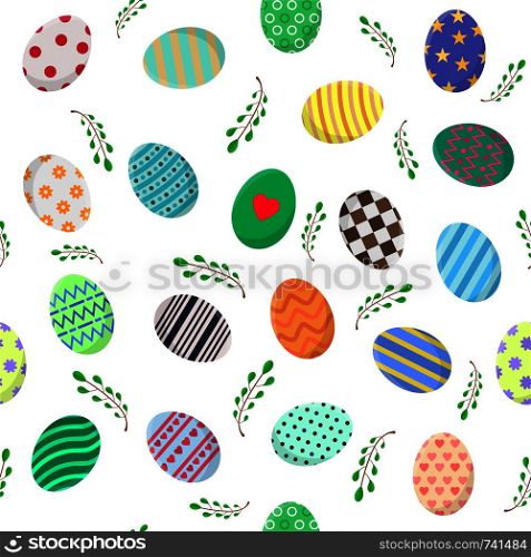 Seamless Pattern with Different Easter Eggs and Green Branches on white. Perfect for Wrapping Paper, Wallpaper, Fabric. Vector illustration for Your Design, Web.