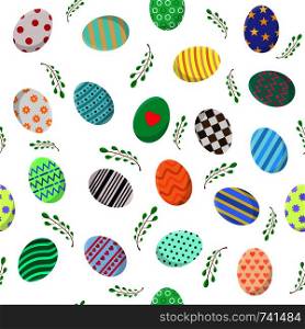 Seamless Pattern with Different Easter Eggs and Green Branches on white. Perfect for Wrapping Paper, Wallpaper, Fabric. Vector illustration for Your Design, Web.