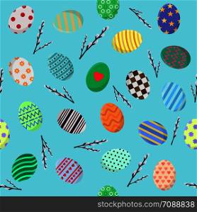 Seamless Pattern with Different Easter Eggs and Willow Twigs. Perfect for Wrapping Paper, Wallpaper, Fabric. Vector illustration for Your Design, Web.
