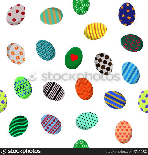 Seamless Pattern with Different Easter Eggs on white. Perfect for Wrapping Paper, Wallpaper, Fabric. Vector illustration for Your Design, Web.