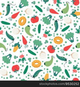 Seamless pattern with different fruits and vegetables. Decor textile, wrapping paper, wallpaper design. Print for kitchen fabric. Doodle style drawing elements on white background. Vector concept. Seamless pattern with different fruits and vegetables. Decor textile, wrapping paper, wallpaper design. Print for kitchen fabric. Doodle style drawing elements. Vector concept