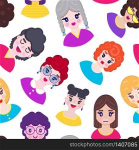 Seamless pattern with different girls on white background.Vector illustration