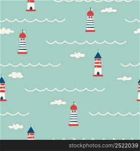 Seamless pattern with different lighthouses drawn with contour lines. Background with towers for marine navigation. illustration for wrapping paper, fabric print, wallpaper. Sea. Ocean.. Seamless pattern with different lighthouses drawn with contour lines. Background with towers for marine navigation. illustration for wrapping paper, fabric print, wallpaper. Sea. Ocean
