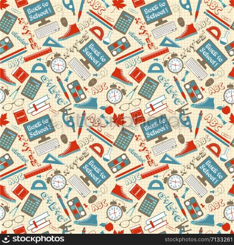 Seamless pattern with different school supplies cage background.. Seamless pattern with different school supplies cage background. Decoration elements for Back to school holiday.