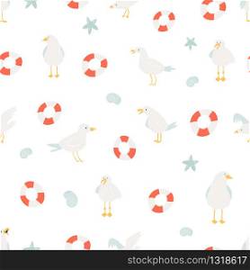 Seamless pattern with different seagulls, sea symbols. Seamless pattern with seagulls and sea symbols