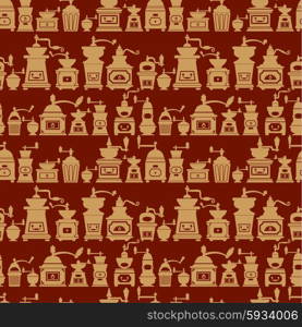 Seamless pattern with different shapes vintage coffee mills silhouettes. Background design for cafe or restaurant menu.