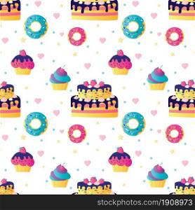 Seamless pattern with different sweets. Cakes and cupcakes decorated with berry and cream. Donut with glaze and colorful sprinkles. Various confectionary on white background. Flat vector illustration. Seamless pattern with different sweets. Cakes and cupcakes decorated with berry and cream. Donut with glaze and colorful sprinkles