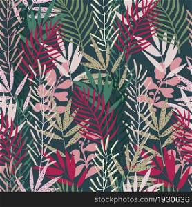 Seamless pattern with different twigs and leaves. Vector botanical background.