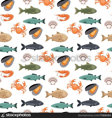 Seamless pattern with different types of fish on white background. Underwater animals. Vector flat illustration.