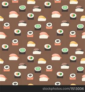 Seamless pattern with different types of sushi. Japanese food sushi roll vector background.. Seamless pattern with different types of sushi.
