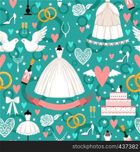 Seamless pattern with different wedding symbols in cartoon style. Wedding background with cake ribbon nad white dress illustration. Seamless pattern with different wedding symbols in cartoon style