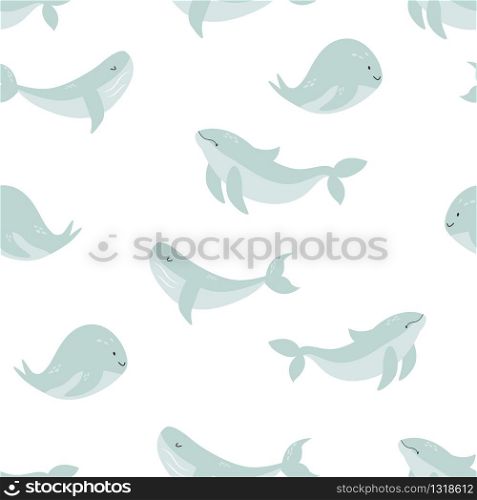 Seamless pattern with different whales. For print, greeting cards, textile, fabric decoration. Seamless pattern with seagulls and sea symbols