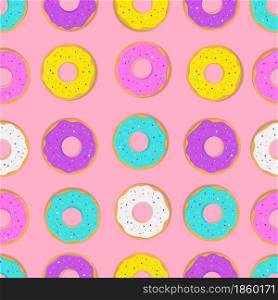 Seamless pattern with donuts on a pink background. Cartoon cute style. Vector illustration.