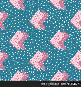 Seamless pattern with doodle boots ornament. Rubber shoes in pink tones on blue dotted background. Perfect for wallpaper, textile, wrapping paper, fabric print. Vector illustration.. Seamless pattern with doodle boots ornament. Rubber shoes in pink tones on blue dotted background.