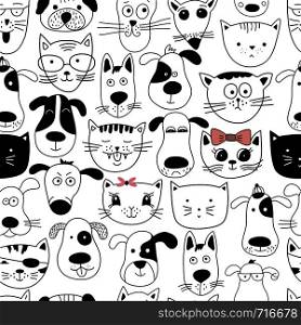 Seamless pattern with doodle cats and dogs. Can be used for textile, website background, book cover, packaging.