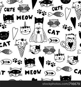 Seamless pattern with doodle cats. Black and white hand drawn animals. Can be used for child books, website background, wallpaper, packaging.