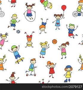Seamless pattern with doodle children. Hand drawn funny little kids play, run and jump. Color cute children drawing. Vector illustration in doodle style on white background.. Seamless pattern with doodle children. Hand drawn funny little kids play, run and jump. Color cute children drawing. Vector illustration in doodle style on white background