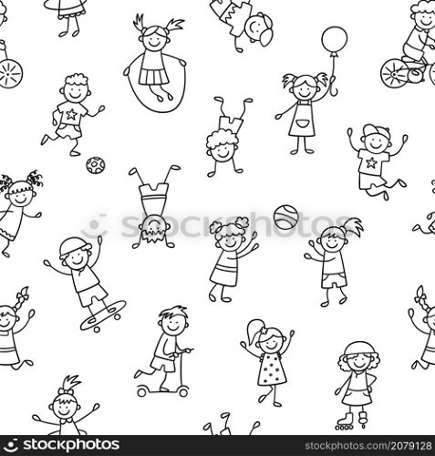 Seamless pattern with doodle children. Hand drawn funny little kids play, run and jump. Cute children drawing. Vector illustration in doodle style on white background.. Seamless pattern with doodle children. Hand drawn funny little kids play, run and jump. Cute children drawing. Vector illustration in doodle style on white background