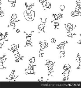 Seamless pattern with doodle children. Hand drawn funny little kids play, run and jump. Cute children drawing. Vector illustration in doodle style on white background.. Seamless pattern with doodle children. Hand drawn funny little kids play, run and jump. Cute children drawing. Vector illustration in doodle style on white background