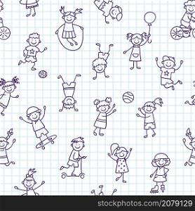 Seamless pattern with doodle children. Hand drawn funny little kids play, run and jump. Cute children drawing. Vector illustration in doodle style on squared notebook background.. Seamless pattern with doodle children. Hand drawn funny little kids play, run and jump. Cute children drawing. Vector illustration in doodle style on squared notebook background