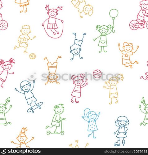 Seamless pattern with doodle children. Hand drawn funny little kids play, run and jump. Color cute children crayon drawing. Vector illustration in doodle style on white background.. Seamless pattern with doodle children. Hand drawn funny little kids play, run and jump. Color cute children crayon drawing. Vector illustration in doodle style on white background