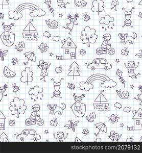 Seamless pattern with doodle children, house, summer, sun. Hand drawn funny little kids play, run and jump. Cute children drawing. Vector illustration in doodle style on squared notebook background.. Seamless pattern with doodle children, house, summer, sun. Hand drawn funny little kids play, run and jump. Cute children drawing. Vector illustration in doodle style on squared notebook background