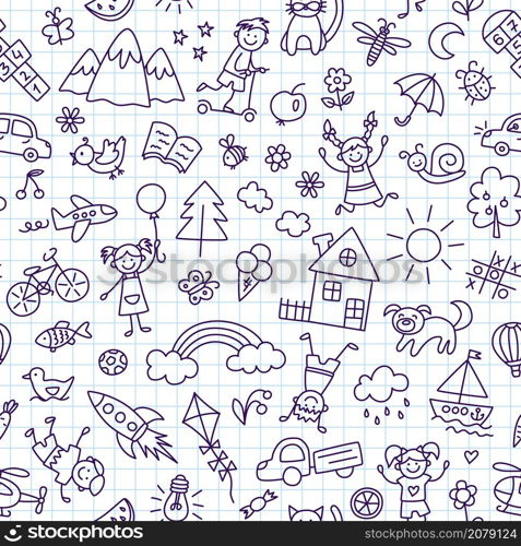 Seamless pattern with doodle children, house, sun and bike. Hand drawn funny little kids play, run and jump. Cute children drawing. Vector illustration in doodle style on squared notebook background.. Seamless pattern with doodle children, house, sun and bike. Hand drawn funny little kids play, run and jump. Cute children drawing. Vector illustration in doodle style on squared notebook background