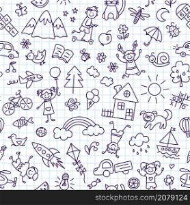 Seamless pattern with doodle children, house, sun and bike. Hand drawn funny little kids play, run and jump. Cute children drawing. Vector illustration in doodle style on squared notebook background.. Seamless pattern with doodle children, house, sun and bike. Hand drawn funny little kids play, run and jump. Cute children drawing. Vector illustration in doodle style on squared notebook background