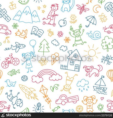 Seamless pattern with doodle children house, sun and bike. Hand drawn funny little kids play, run and jump. Color cute children crayon drawing. Vector illustration in doodle style on white background.. Seamless pattern with doodle children house, sun and bike. Hand drawn funny little kids play, run and jump. Color cute children crayon drawing. Vector illustration in doodle style on white background