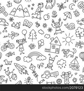 Seamless pattern with doodle children, house, sun, rainbow and bike. Hand drawn funny little kids play, run and jump. Cute children drawing. Vector illustration in doodle style on white background.. Seamless pattern with doodle children, house, sun, rainbow and bike. Hand drawn funny little kids play, run and jump. Cute children drawing. Vector illustration in doodle style on white background