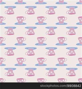 Seamless pattern with doodle cups and liquids. Pink and blue tone dishes with flower ornament. Pastel tone artwork. Great for wallpaper, textile, wrapping paper, fabric print. Vector illustration.. Seamless pattern with doodle cups and liquids. Pink and blue tone dishes with flower ornament. Pastel tone artwork.