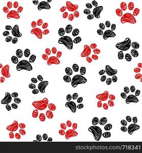 Seamless pattern with doodle dog paws. Black and red color animal print. Vector background.