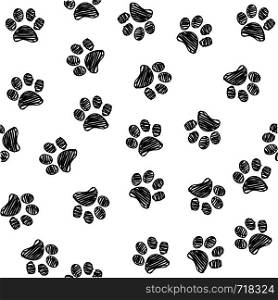 Seamless pattern with doodle dog paws. Black color animal print. Vector background.