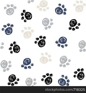 Seamless pattern with doodle dog paws. Black color animal print. Vector background.