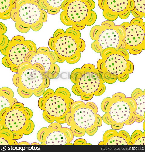 Seamless pattern with doodle flowers. Naive art. Design for fabric, textile print, wrapping paper, cover, poster. Vector illustration. Seamless pattern with doodle flowers.