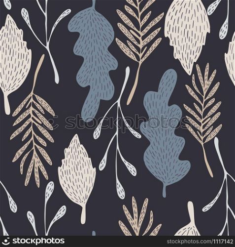 Seamless pattern with doodle forest leaves on black background. Botanical design for fabric, textile print, wrapping paper, textile. Vector illustration. Seamless pattern with doodle forest leaves on black background.