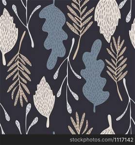 Seamless pattern with doodle forest leaves on black background. Botanical design for fabric, textile print, wrapping paper, textile. Vector illustration. Seamless pattern with doodle forest leaves on black background.